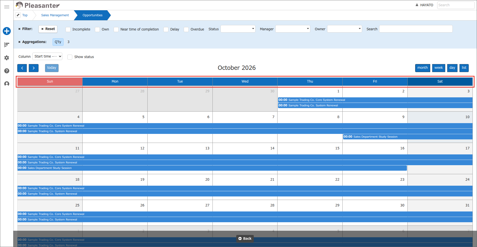 Calendar screen with the week starting on Sunday