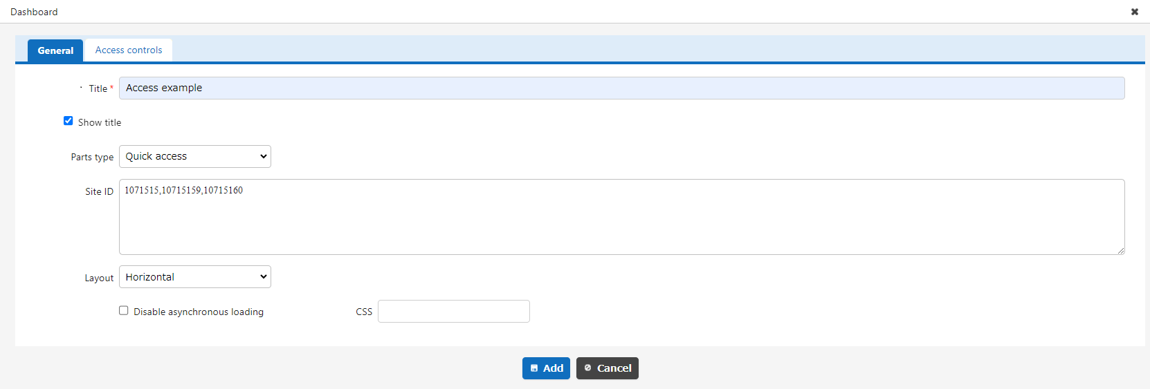 General tab of the quick access settings screen