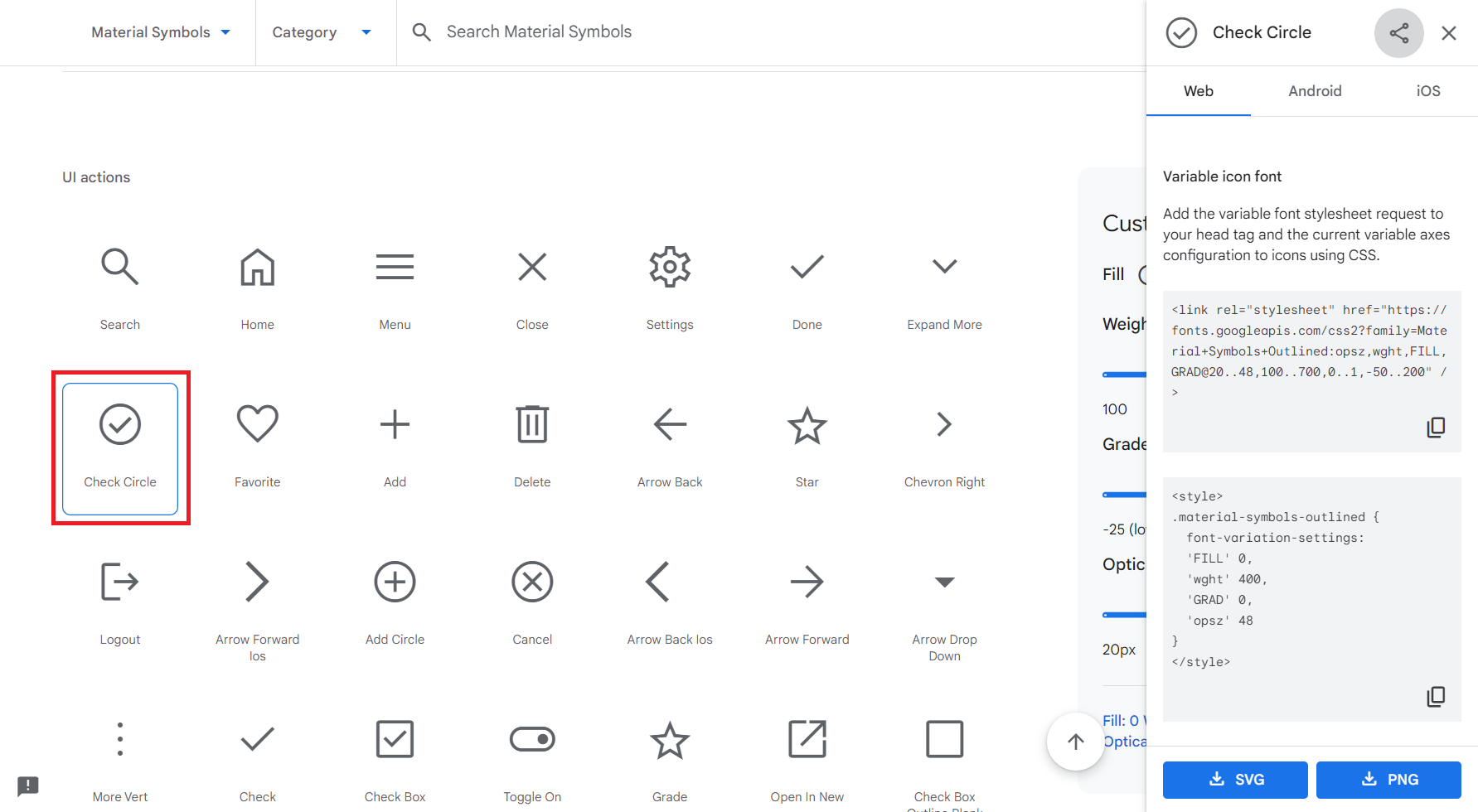 An icon selected on the Material Symbols page