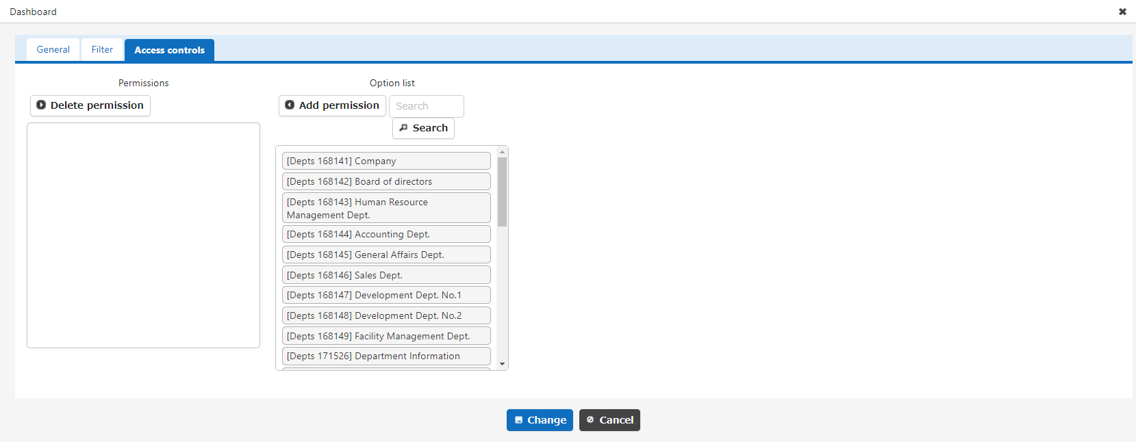 Access control tab of the calendar part settings screen