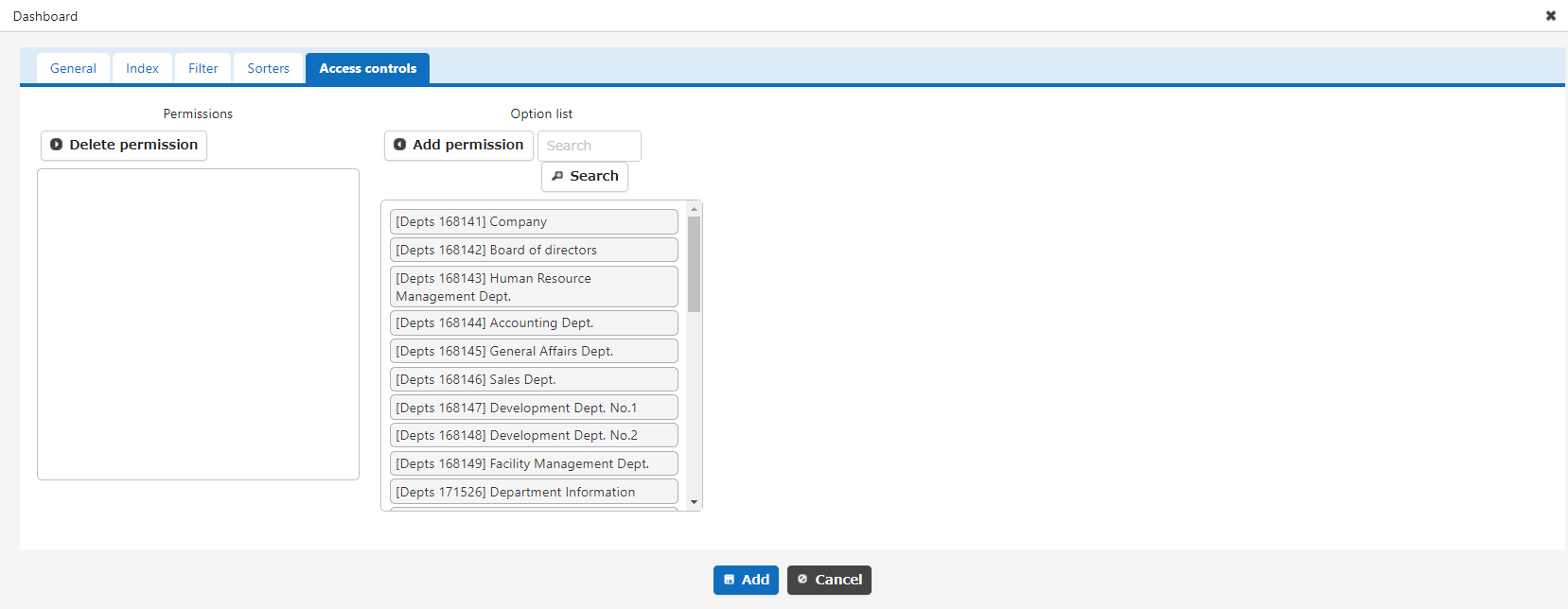 Access control tab of the index part settings screen