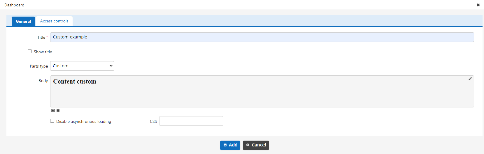 General tab of the custom part settings screen