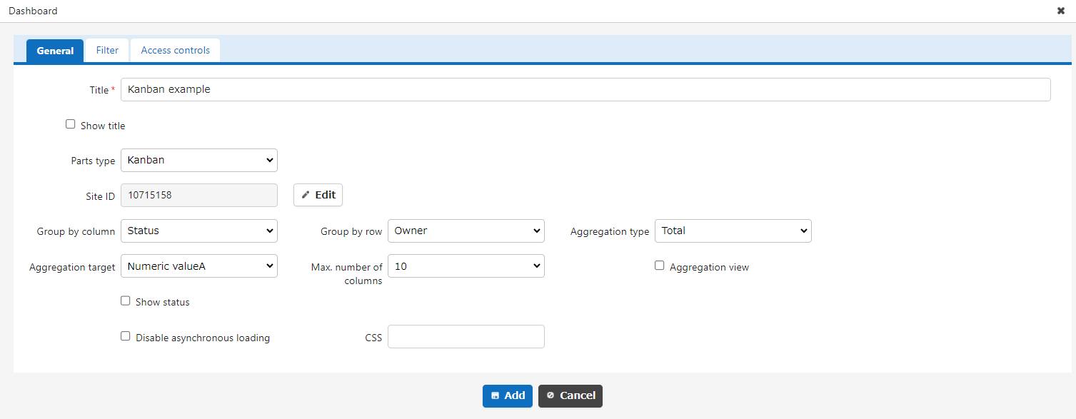 General tab of the Kanban part settings screen