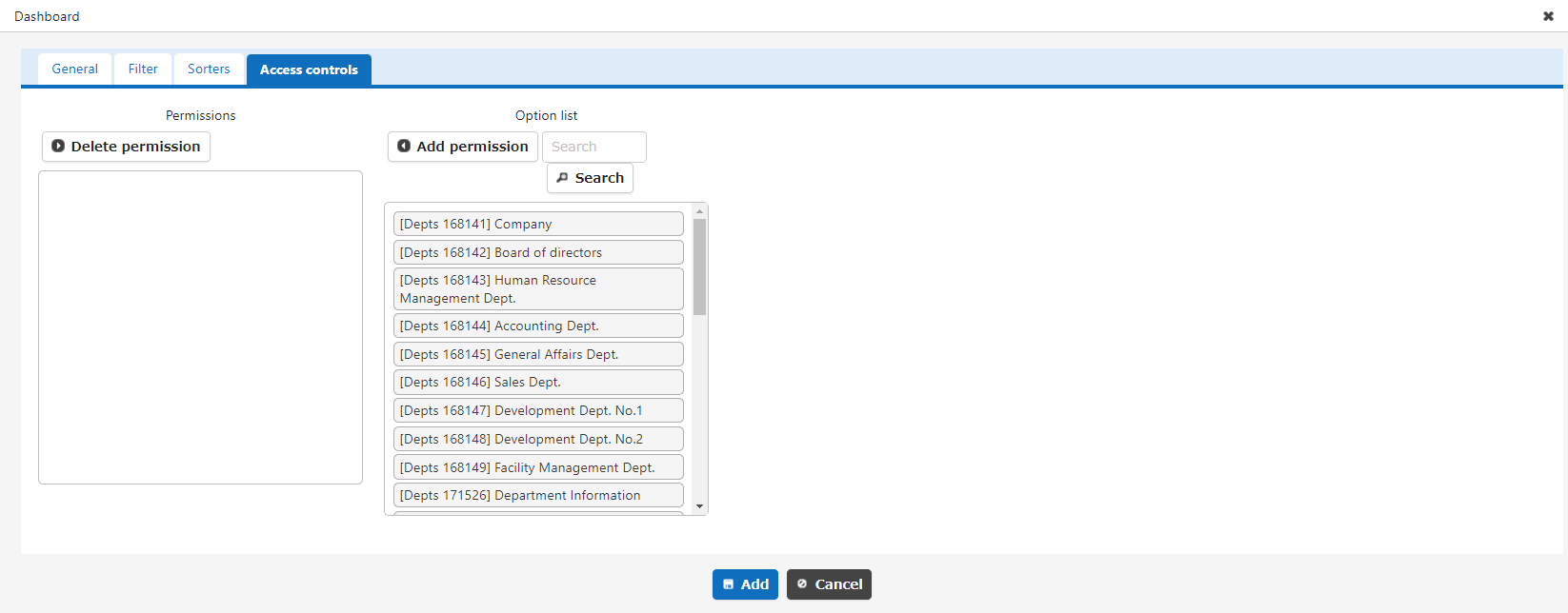 Access control tab of the timeline settings screen