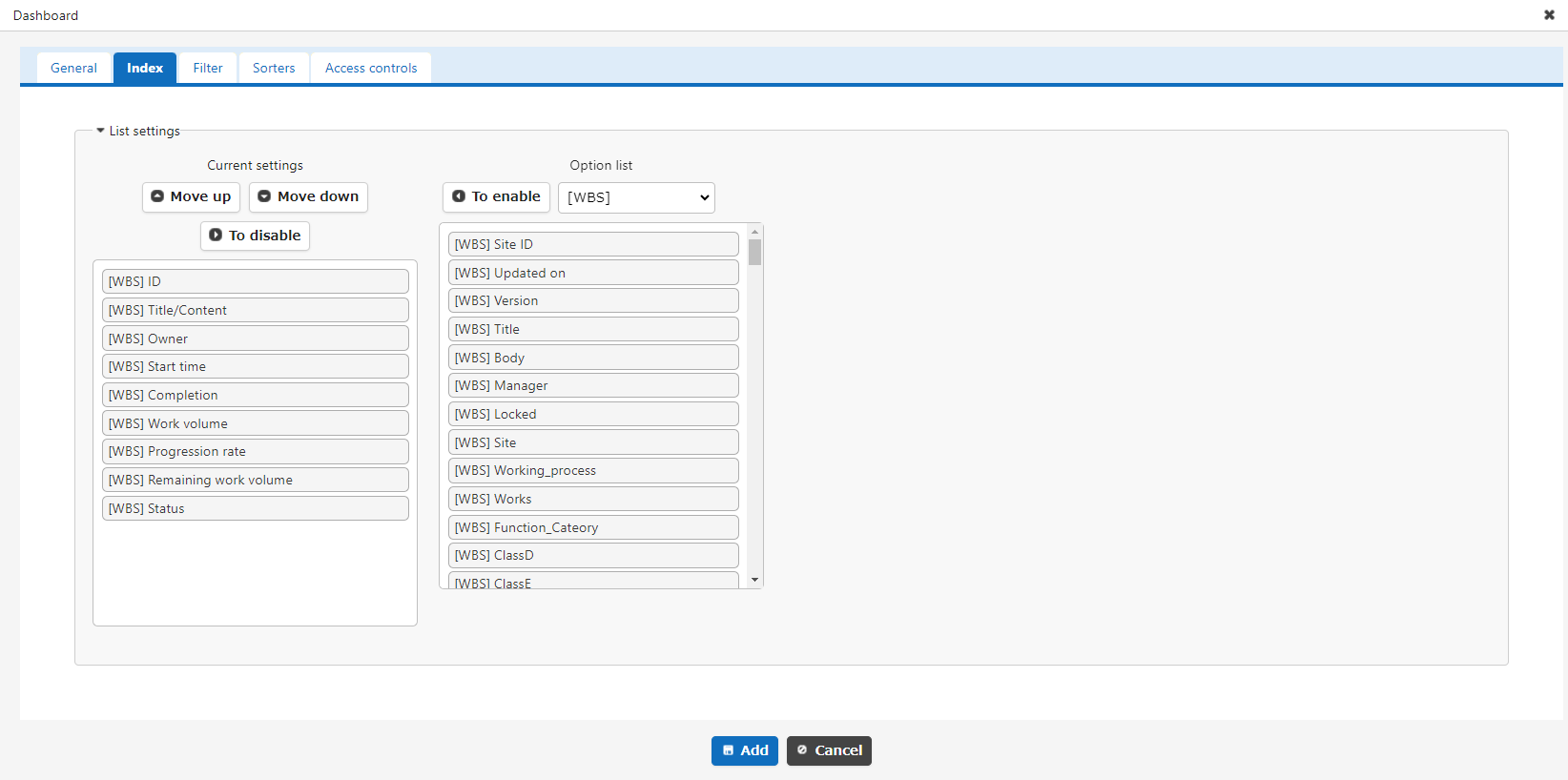 Index tab of the index part settings screen