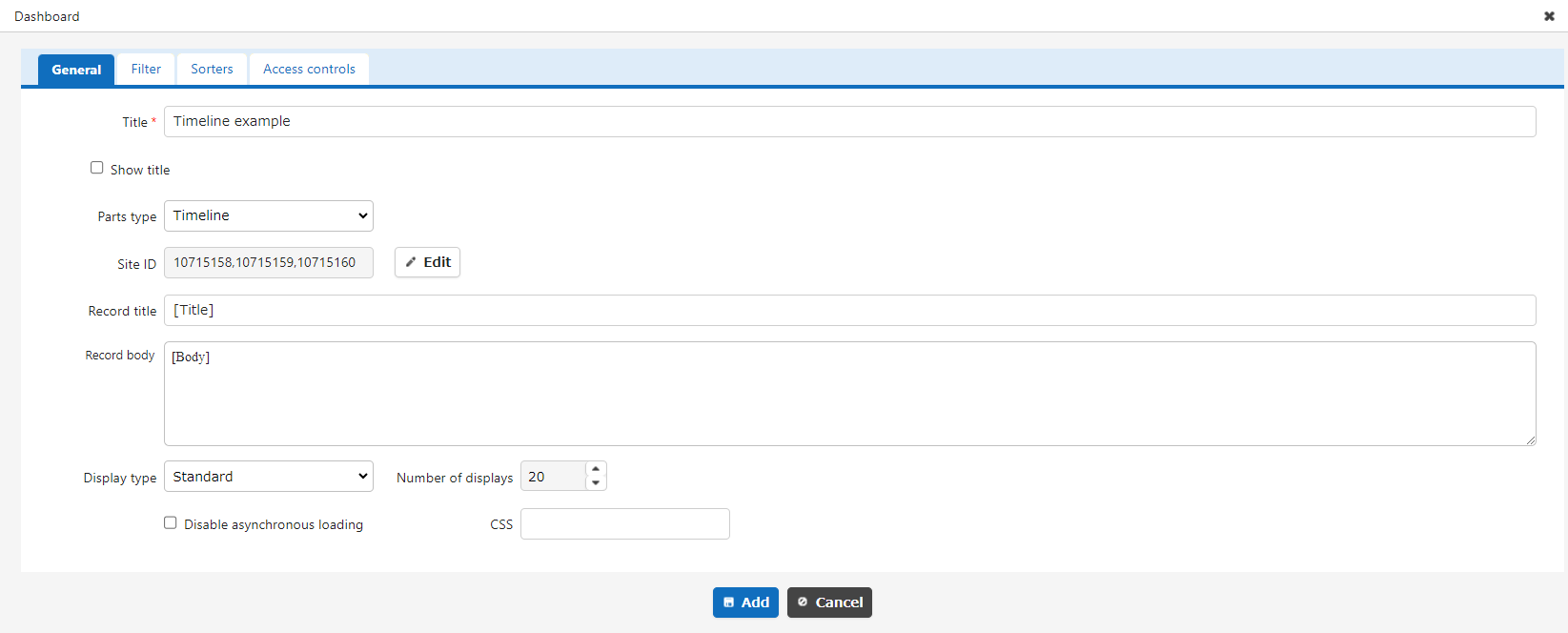 General tab of the timeline settings screen