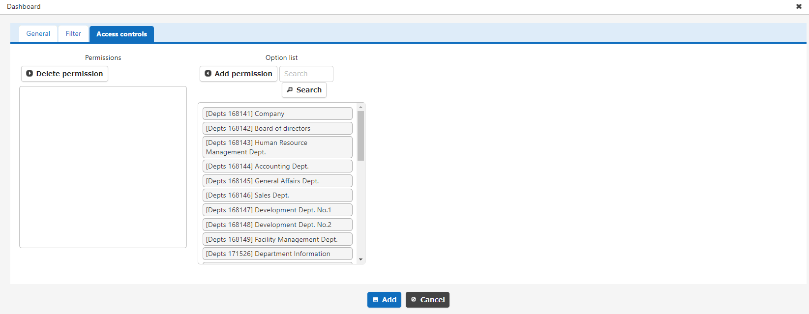 Access control tab of the Kanban part settings screen