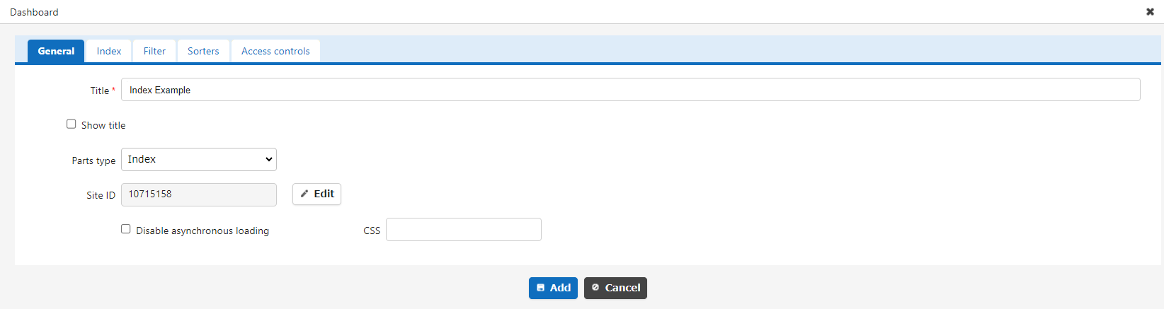 General tab of the index part settings screen