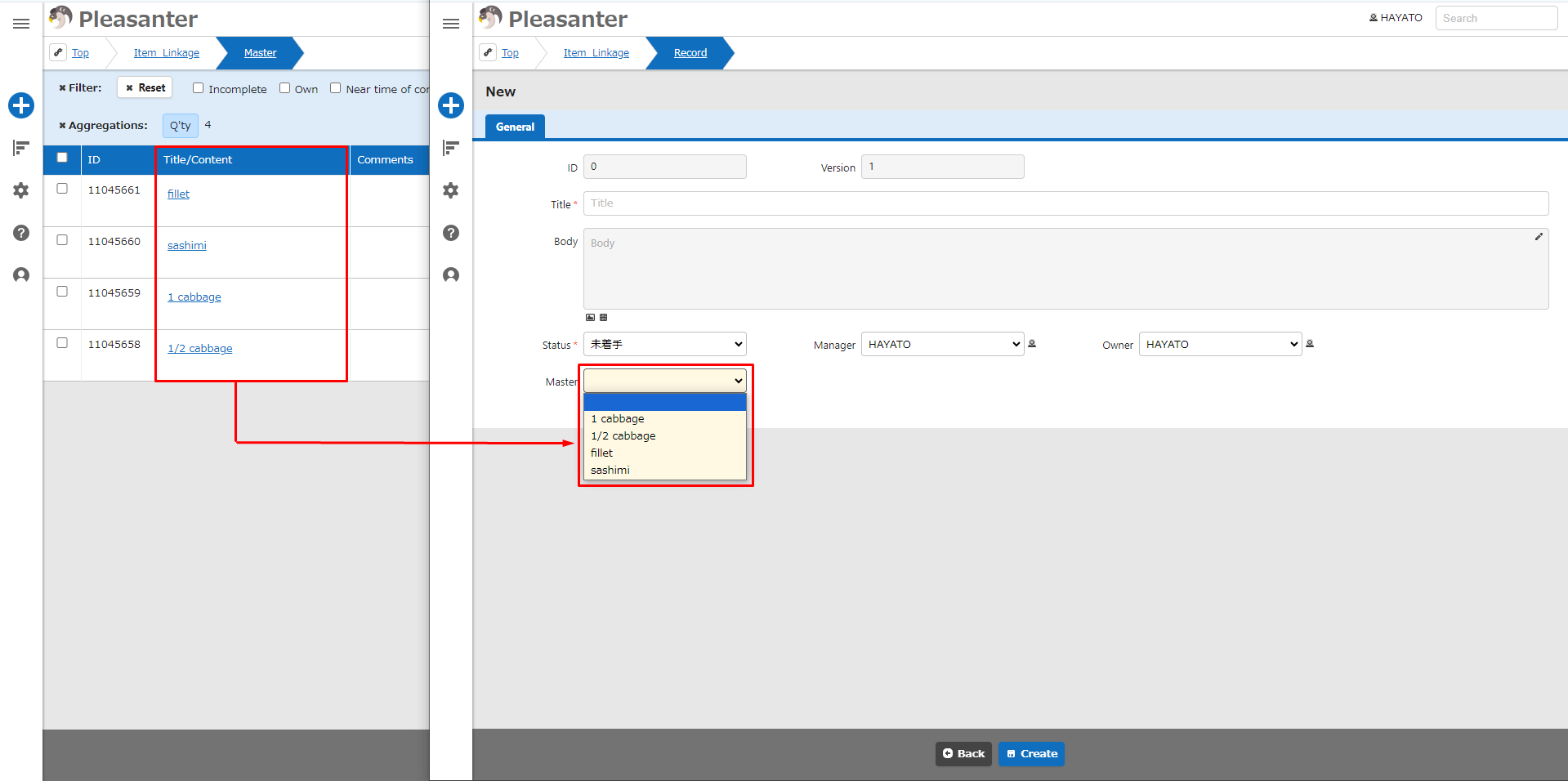 Drop-down list showing the titles of the parent table