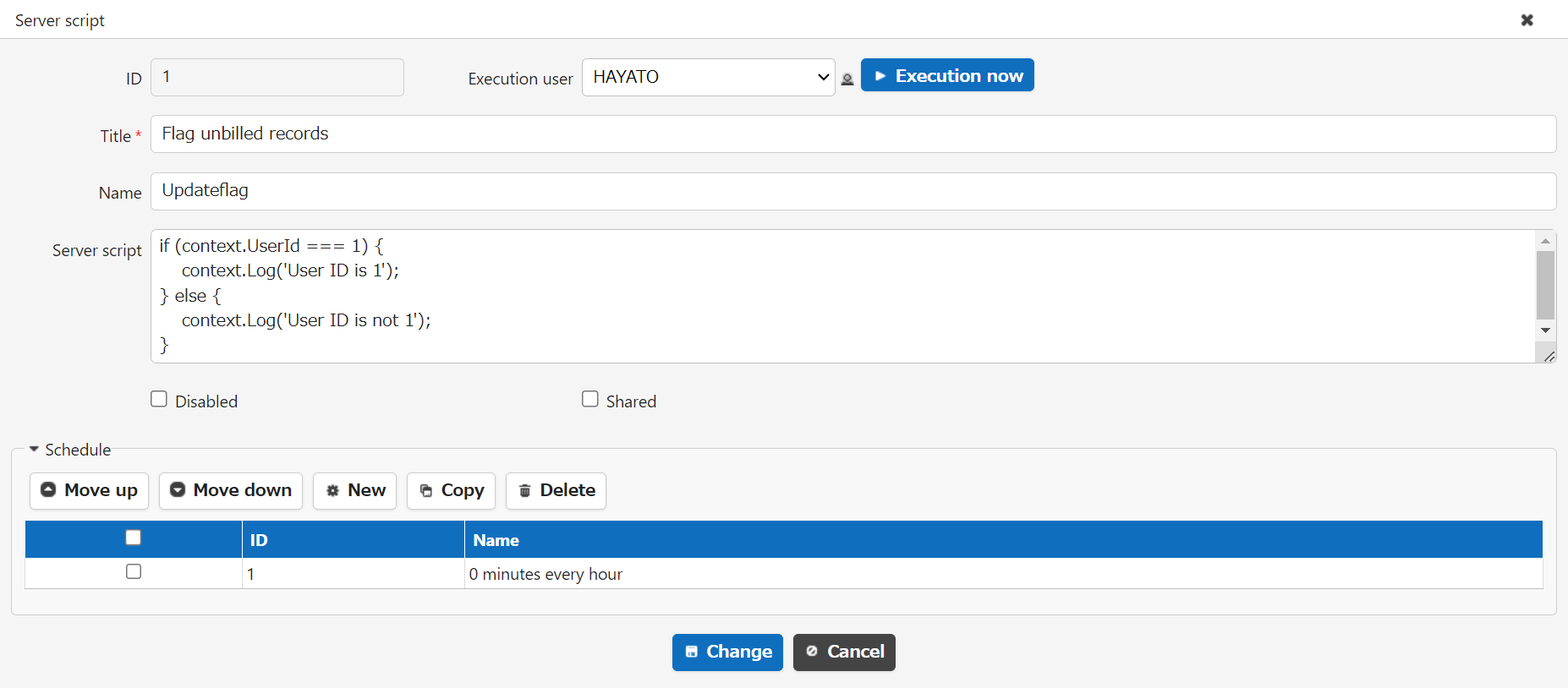 Settings screen for the background server script (continued)