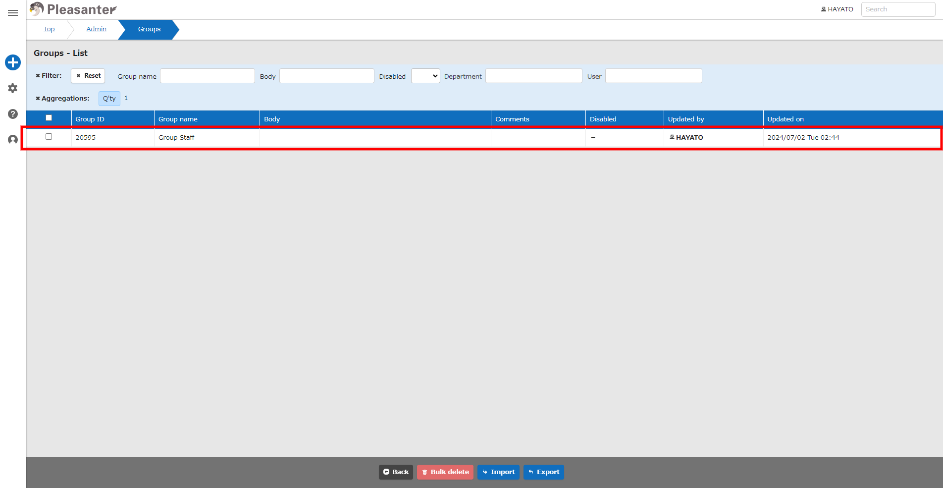 Group administration screen listing the created group