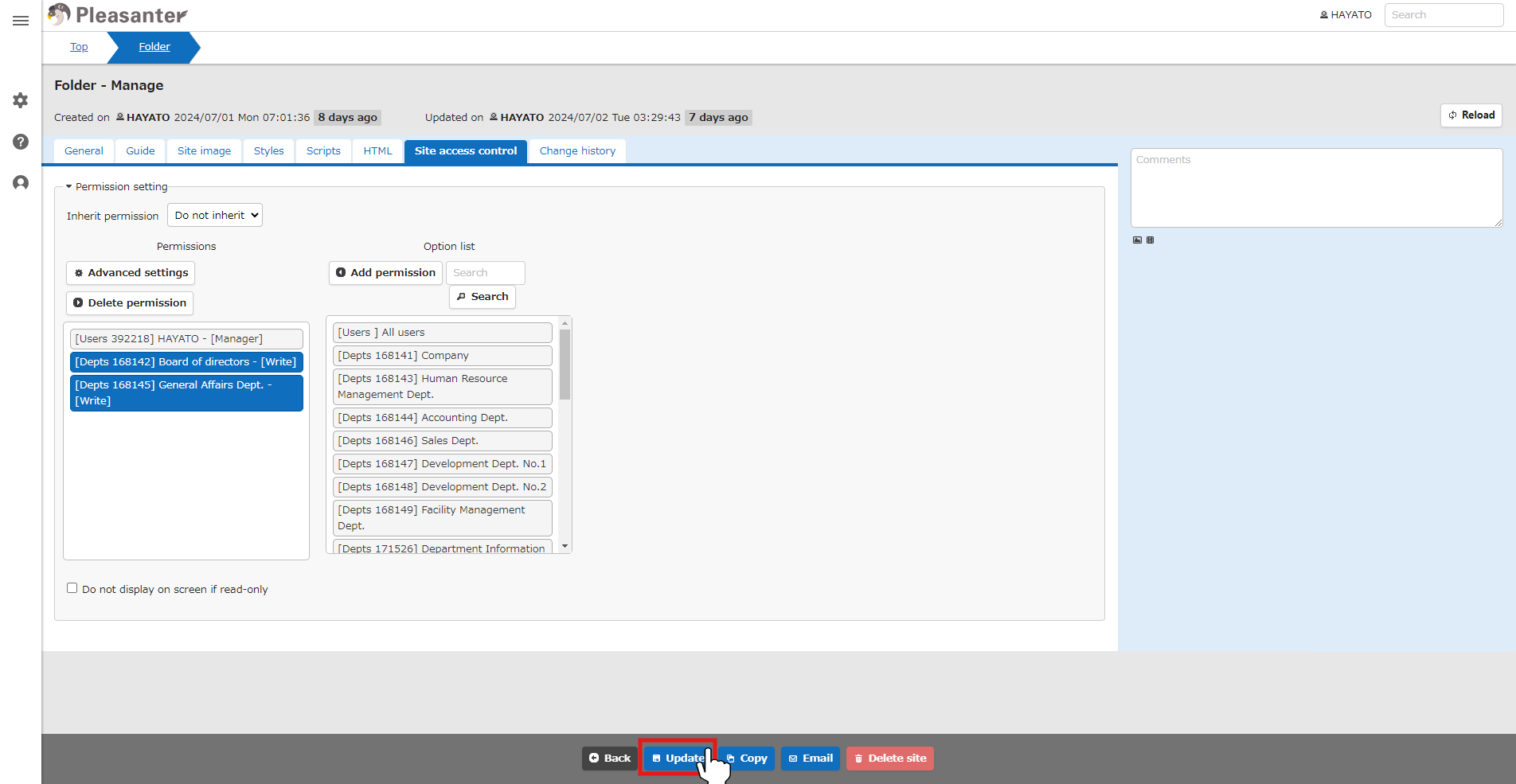 Users, departments and groups listed in "Permission Setting", with the "Update" button