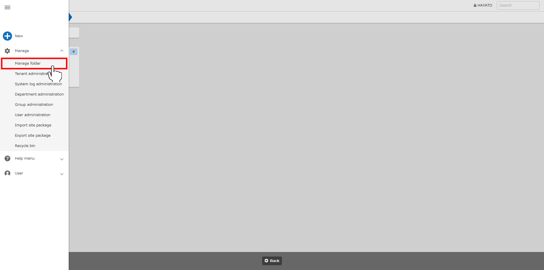 "Manage folder" in the "Manage" menu of the navigation menu