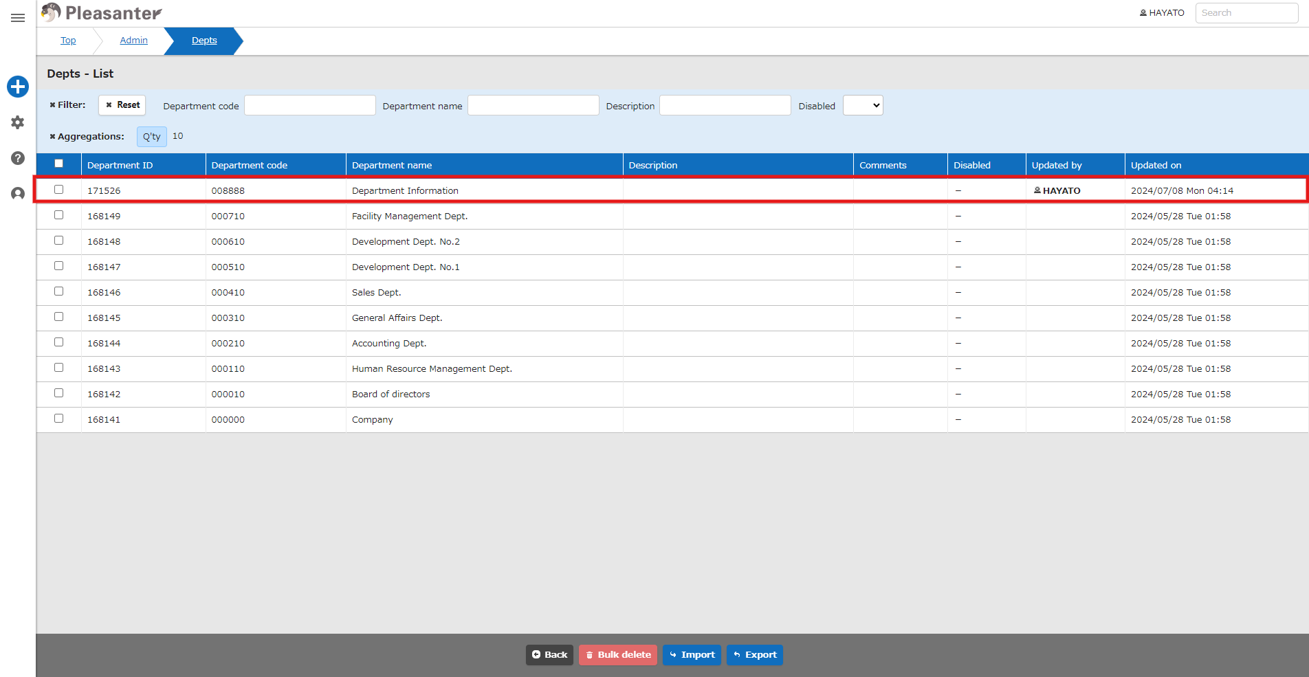Department management screen listing the created department