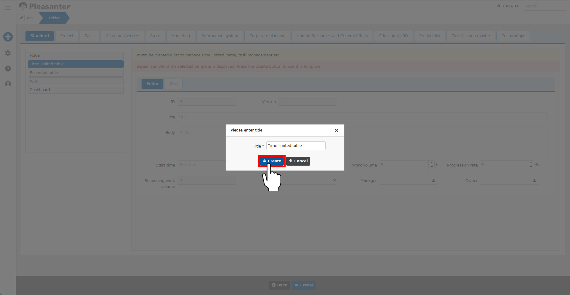 Dialog for entering the title of the table
