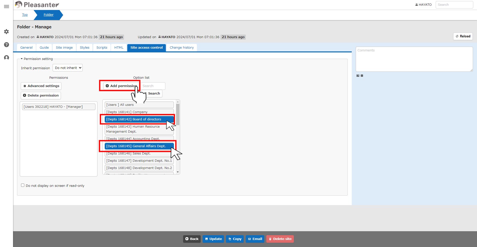 Option list for choosing users, departments and groups, with the "Add Permission" button