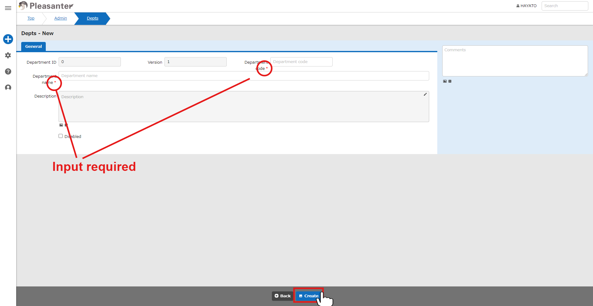 Department creation screen where each column is entered