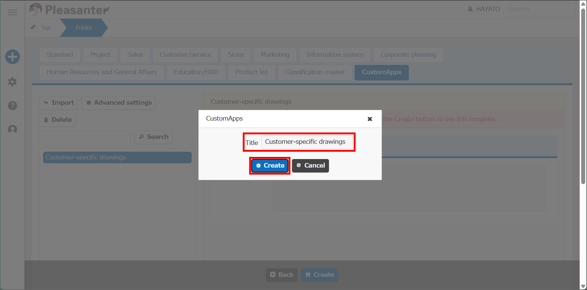 Dialog shown before creating the custom app
