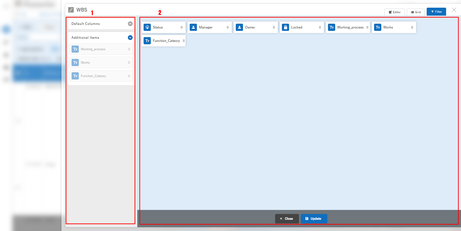 Draggable area for the filter, with the column list and the layout area marked with numbers
