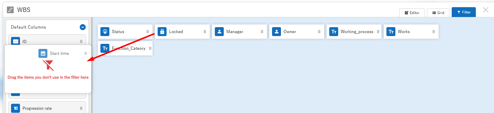 Dragging a column card onto the area for columns not used in the filter