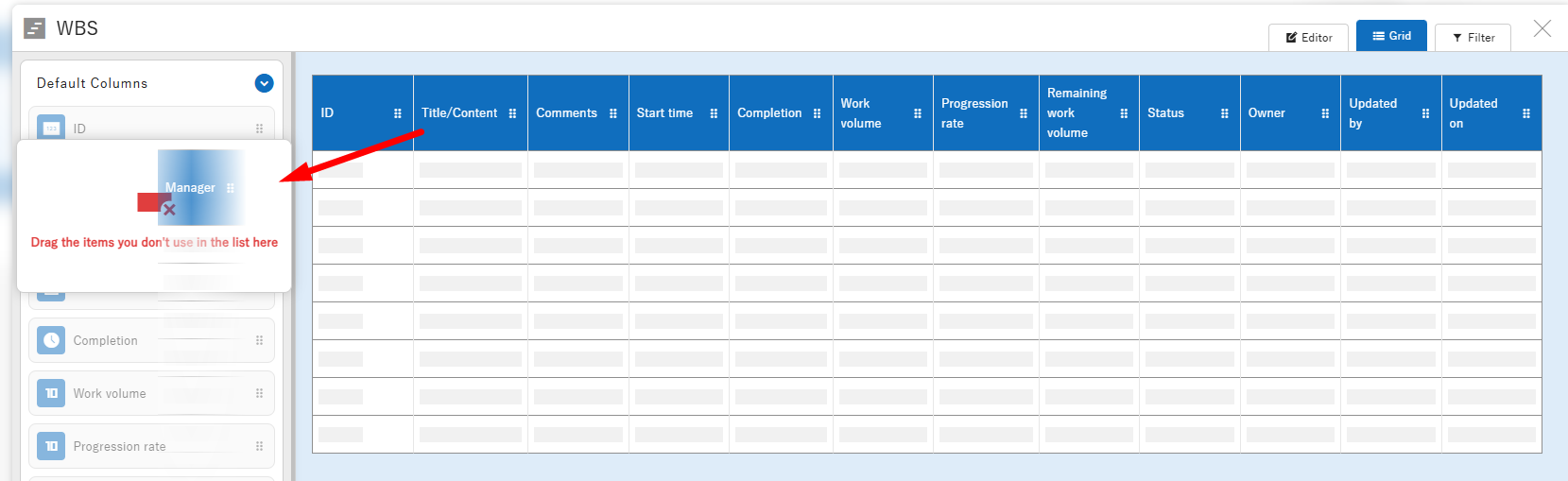 Dragging a column cell onto the area for columns not used in the index