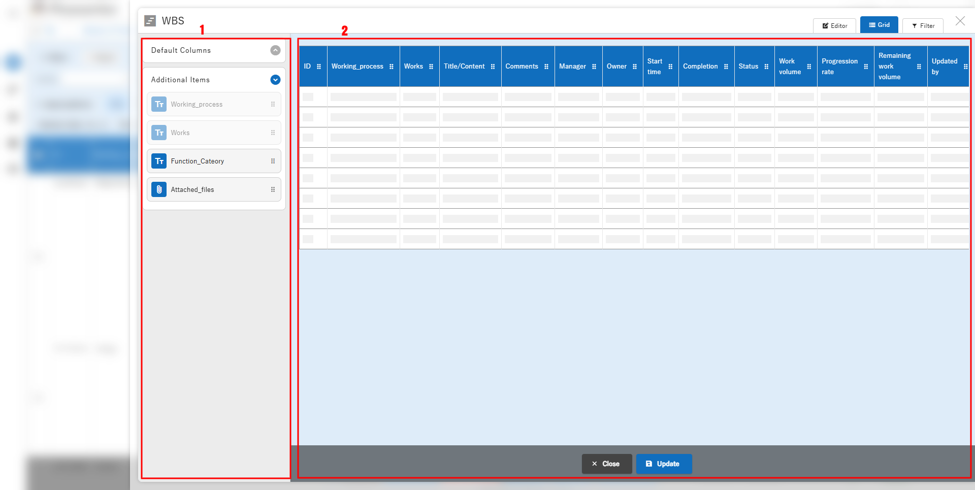Draggable area for the index, with the column list and the layout area marked with numbers