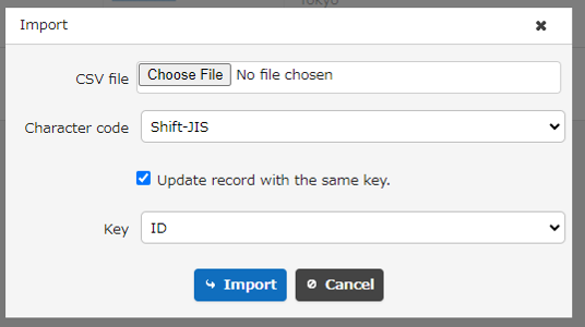 Import dialog with "Records With Matching Keys" checked and a key column selected