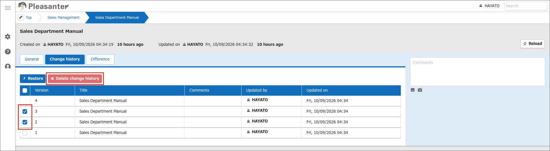 "Change history" tab of the Wiki where versions 2 and 3 are selected and the "Delete change history" button is clicked