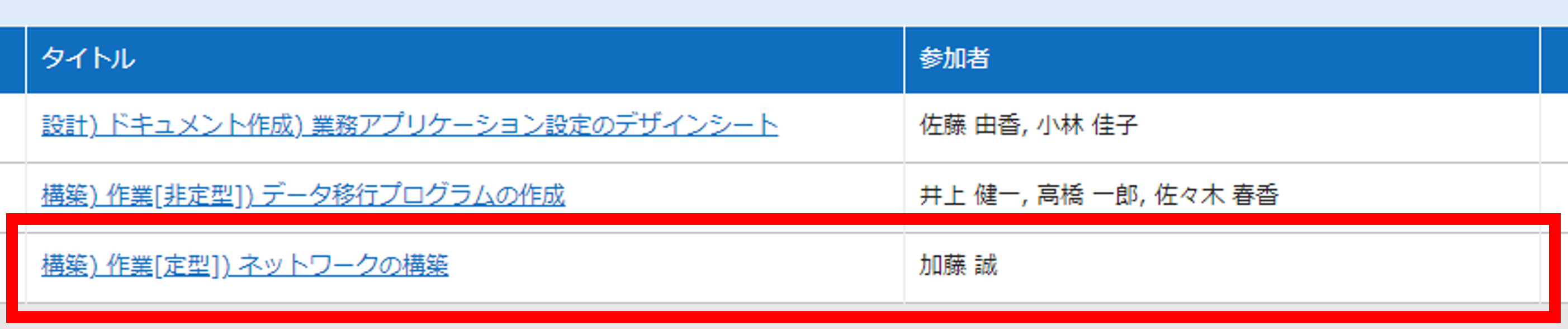 一覧画面。複数選択の有効化前に作成したレコードでも参加者が正しく表示されている