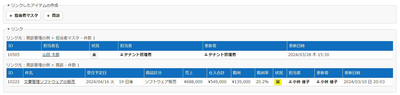 担当者マスタにのみ "Priority" を設定した場合のリンクの表示順