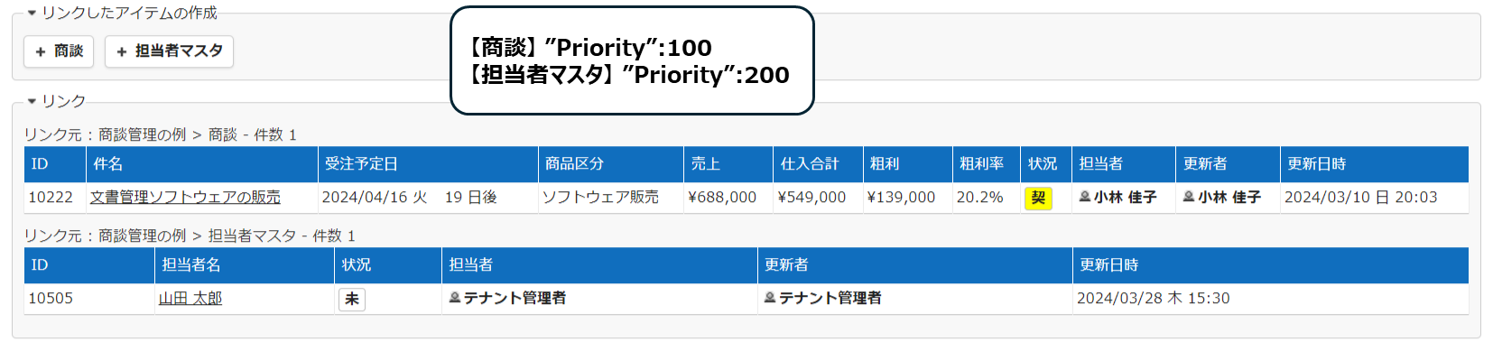 商談と担当者マスタの両方に "Priority" を設定した場合のリンクの表示順
