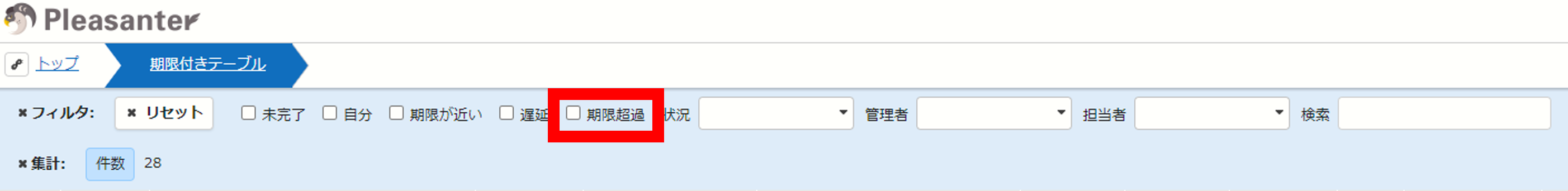 オンのとき、一覧画面のフィルタに「期限超過」が表示された状態