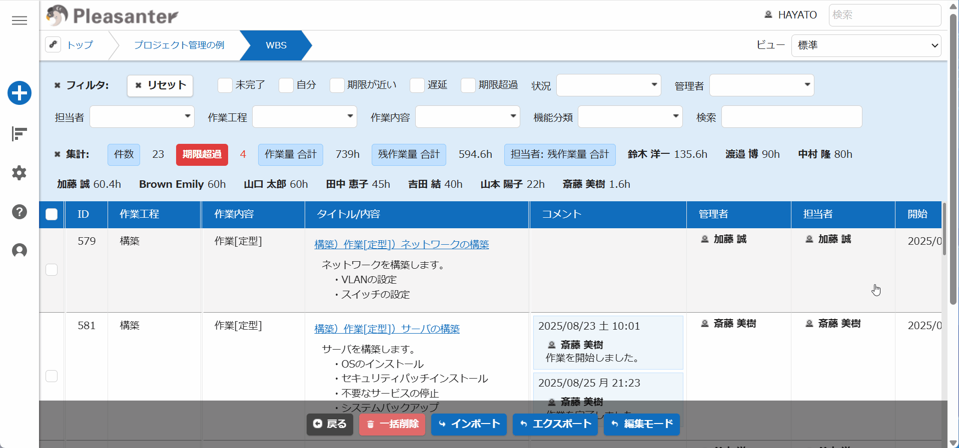 作業工程とタイトル/内容を左端に固定したままスクロールする一覧画面