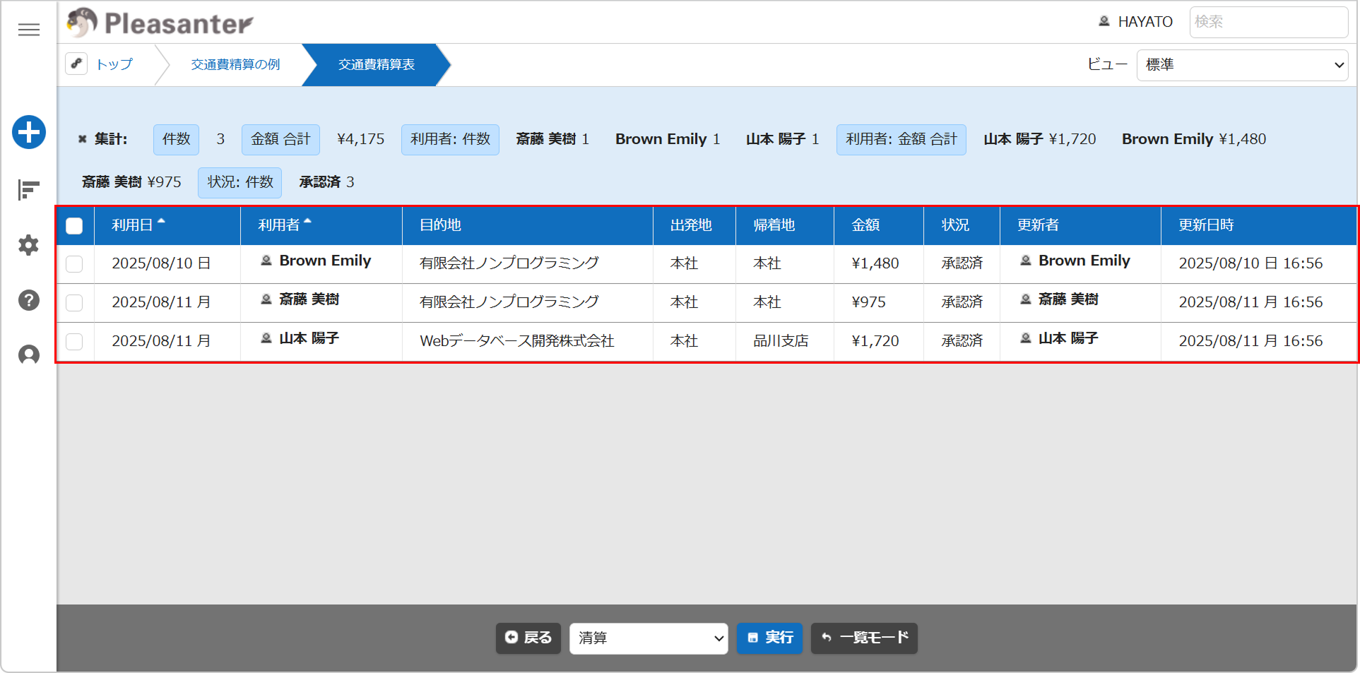 プロセスを選択して実行モードになった一覧画面。条件で絞り込まれる