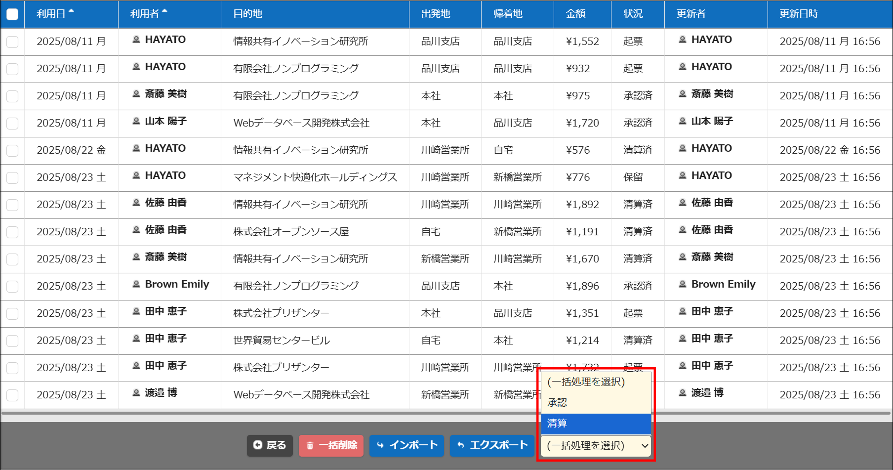 一覧画面で一括処理できるプロセスが一覧表示されたところ