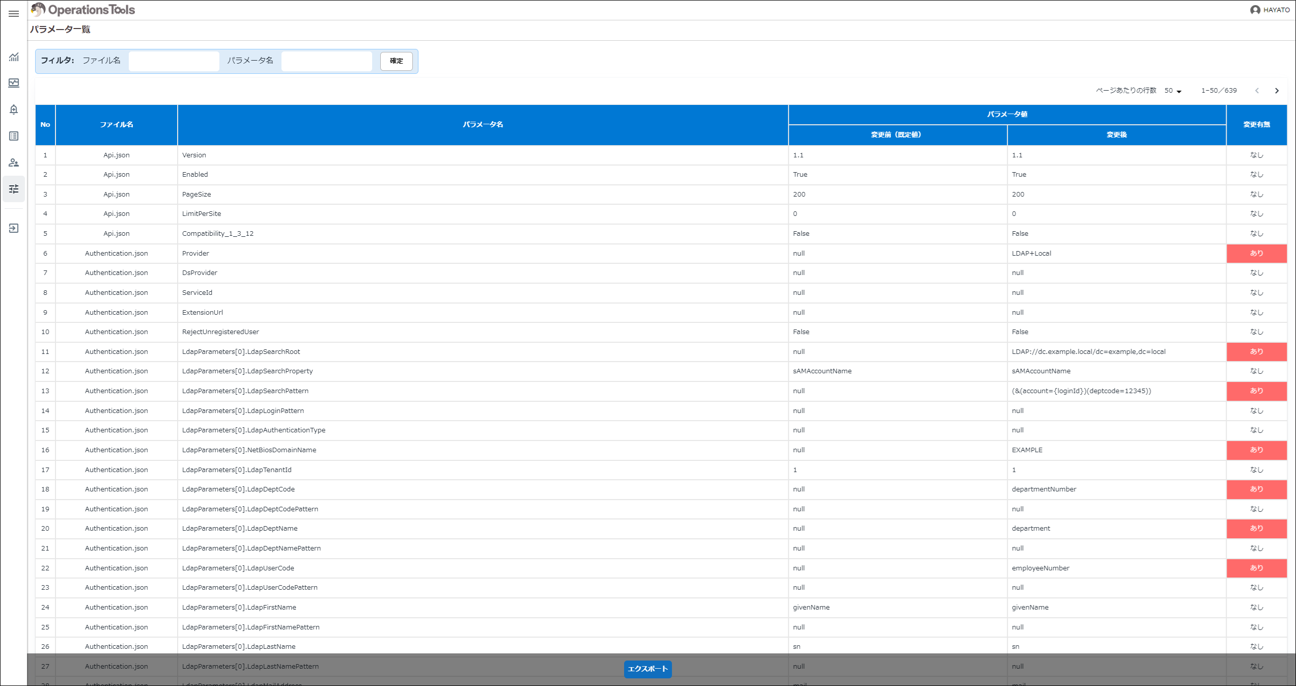 パラメータ一覧画面。プリザンターのパラメータを表形式で表示する
