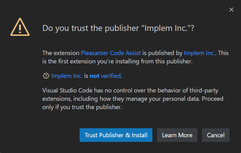 「Trust Publisher & Install」ボタンが表示されたダイアログ