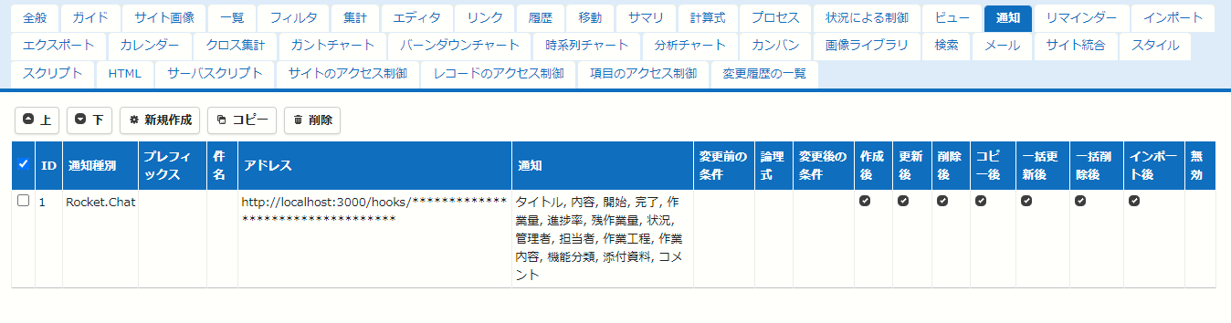 テーブルの管理画面。「更新」ボタンで設定を保存する