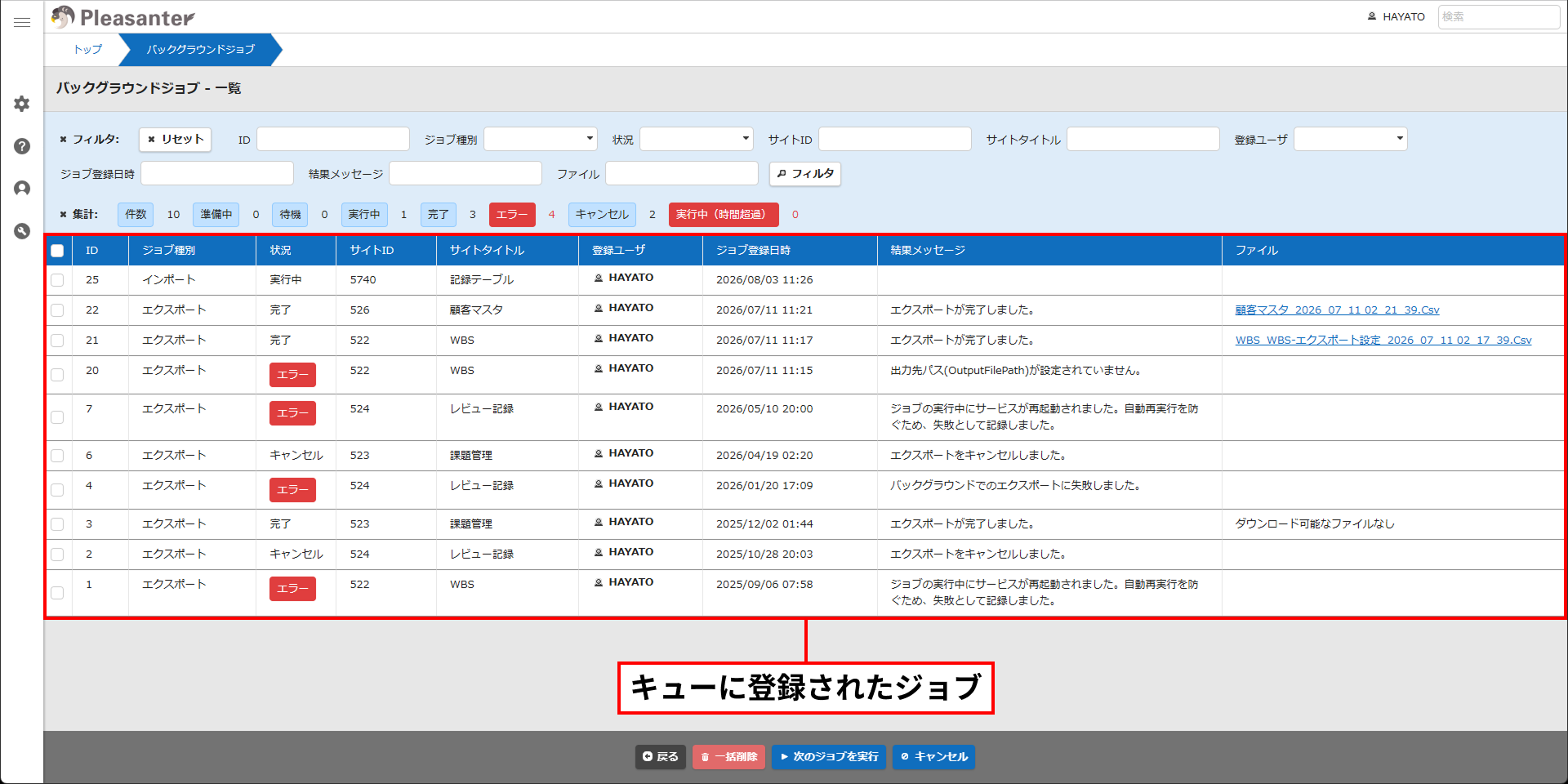 キューへ登録されたジョブが並ぶジョブの管理画面