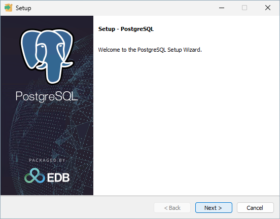 PostgreSQL 18 インストーラの最初の画面。「Next >」ボタンがある