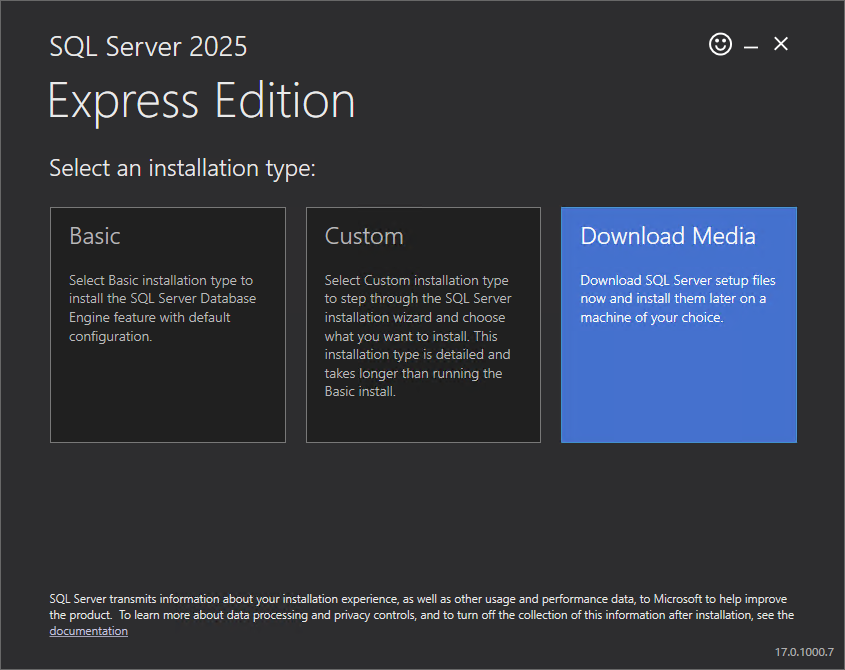SQL Server 2025 Express のインストーラの最初の画面。「Download Media」が選べる