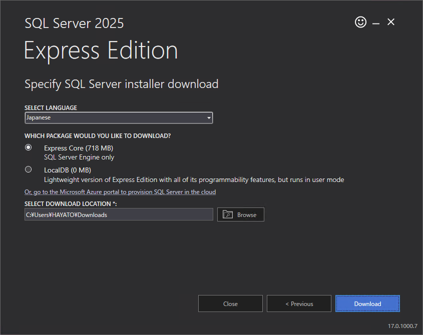 メディアのダウンロードの画面。「Japanese」と「Express Core (718 MB)」を選んだ状態