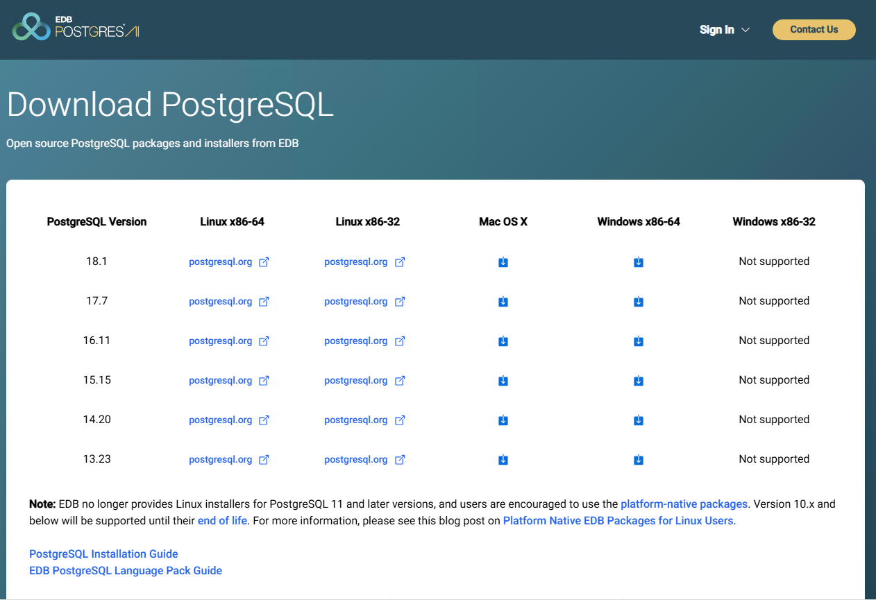 PostgreSQL のダウンロードページ。Windows x86-64 のバージョンごとのリンクが並んでいる