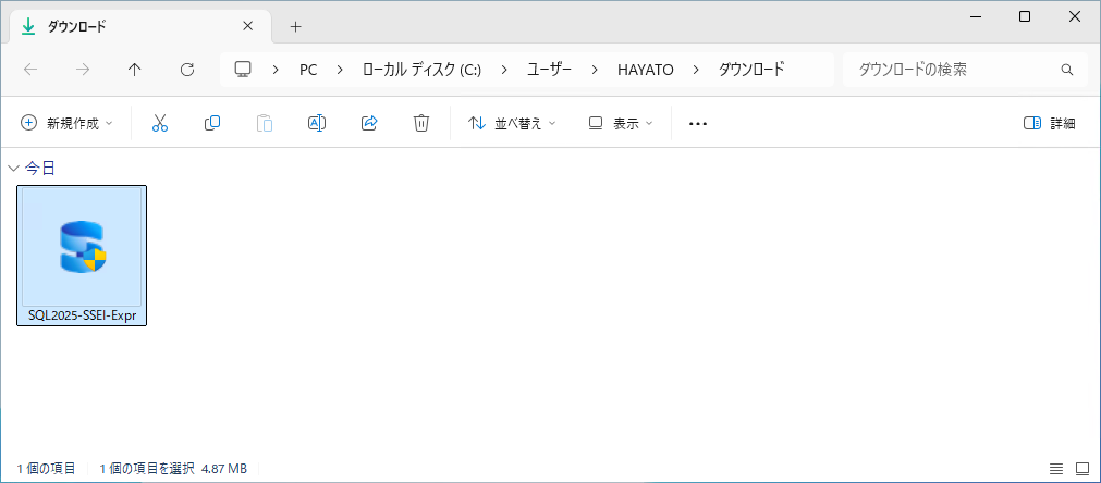 ダウンロードしたインストーラのファイルをエクスプローラーで表示したところ