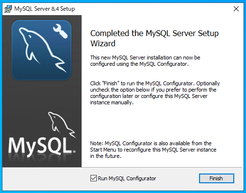 インストールの完了画面。「Run MySQL Configurator」のチェックボックスがある