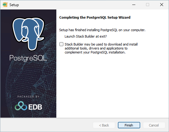 PostgreSQL 18 インストーラの完了画面。「Finish」ボタンがある