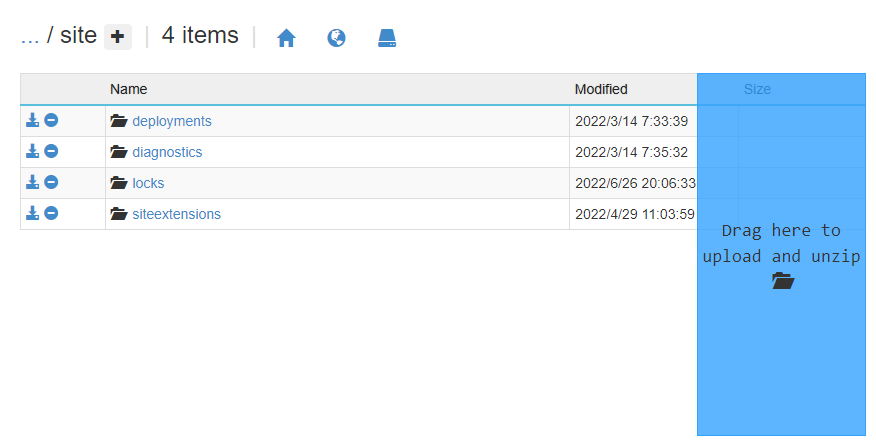 Kudu の Debug console。wwwroot.zip と CodeDefiner.zip が展開されて格納された状態