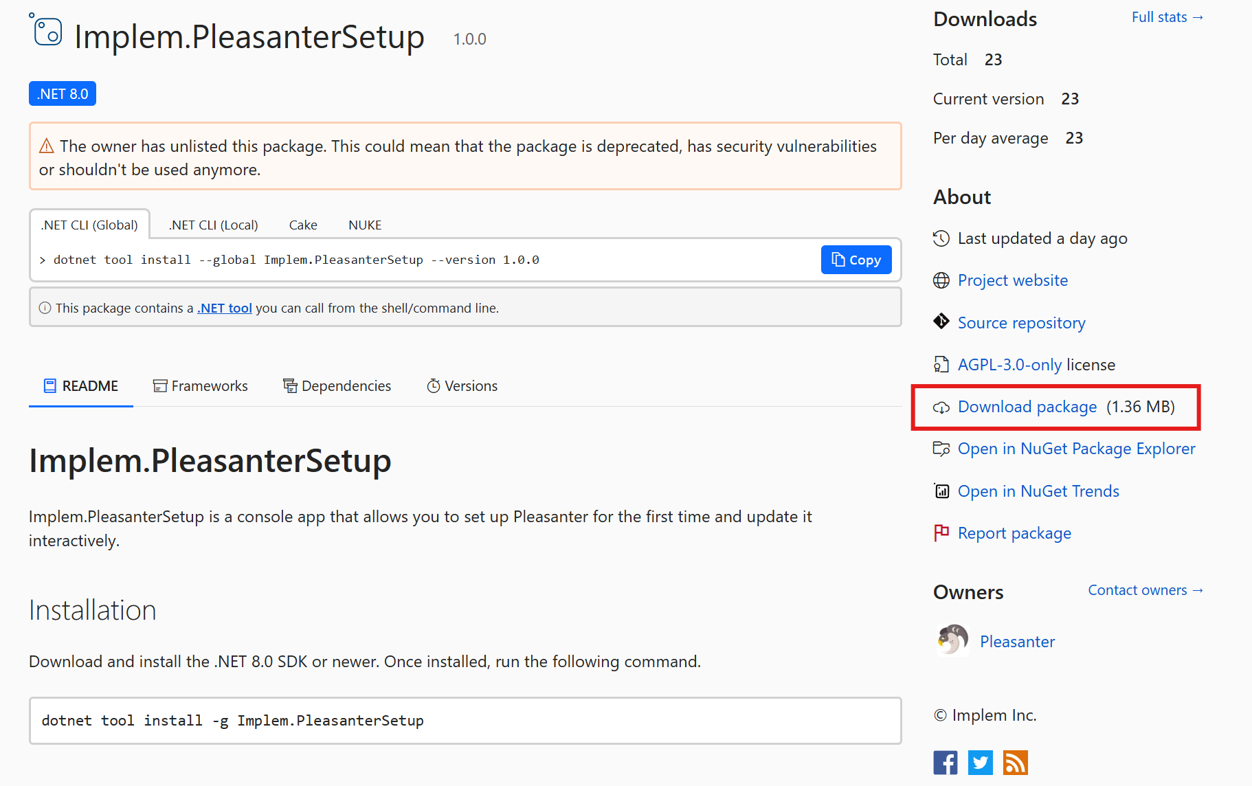Implem.PleasanterSetup の NuGet ギャラリーのページ。「Download package」がある