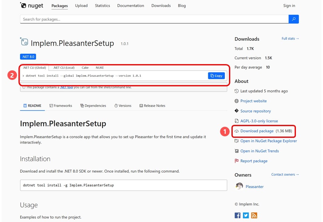 Implem.PleasanterSetup の NuGet ギャラリーのページ。「Download package」がある