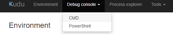 Kuduのヘッダメニュー。「Debug console」の中に「CMD」がある